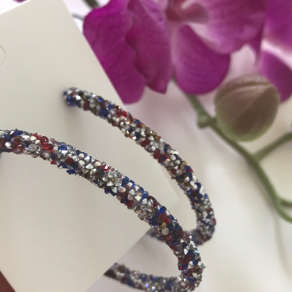 Red Silver & Blue Glitter Hoop Earrings - Picture 3 of 5